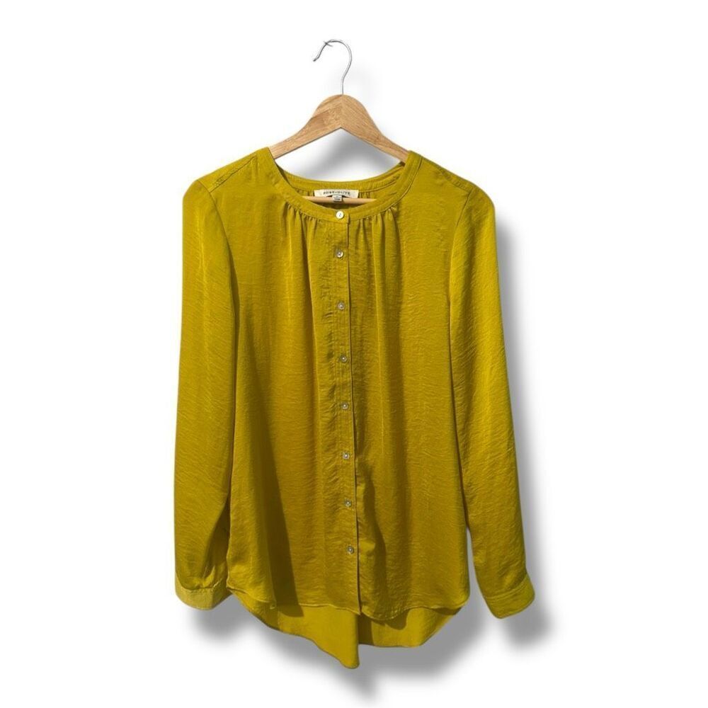 Rose & Olive Women's Yellow Long Sleeve Button Down Tunic Blouse Satin Size Medi